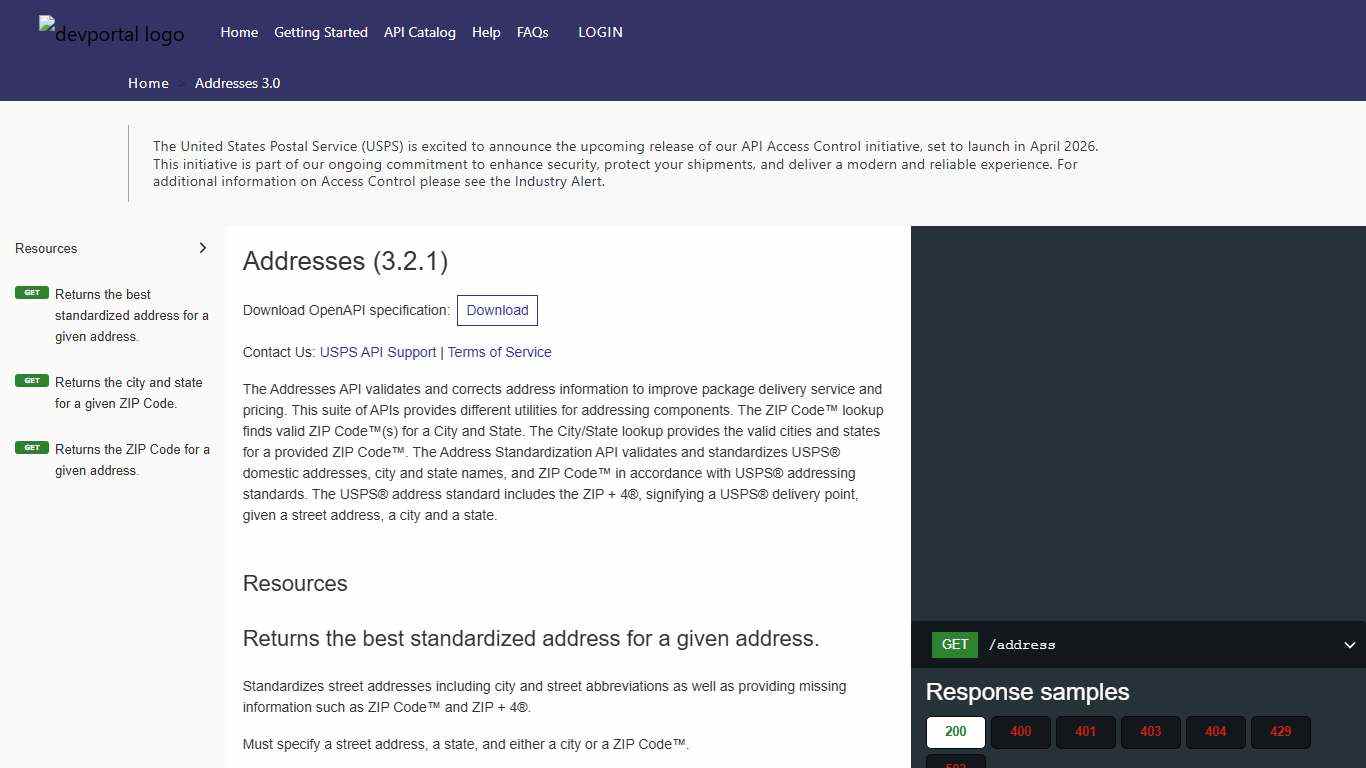 Addresses 3.0 devportal